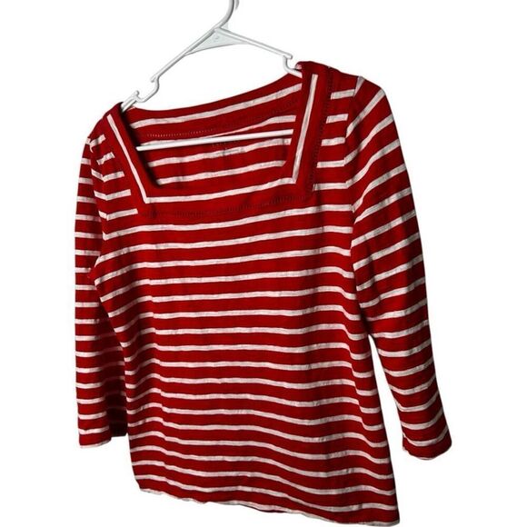 Talbots Red Striped Square Neckline 3/4 Sleeve Cotton Top Size M Nautical Knit - Picture 4 of 9